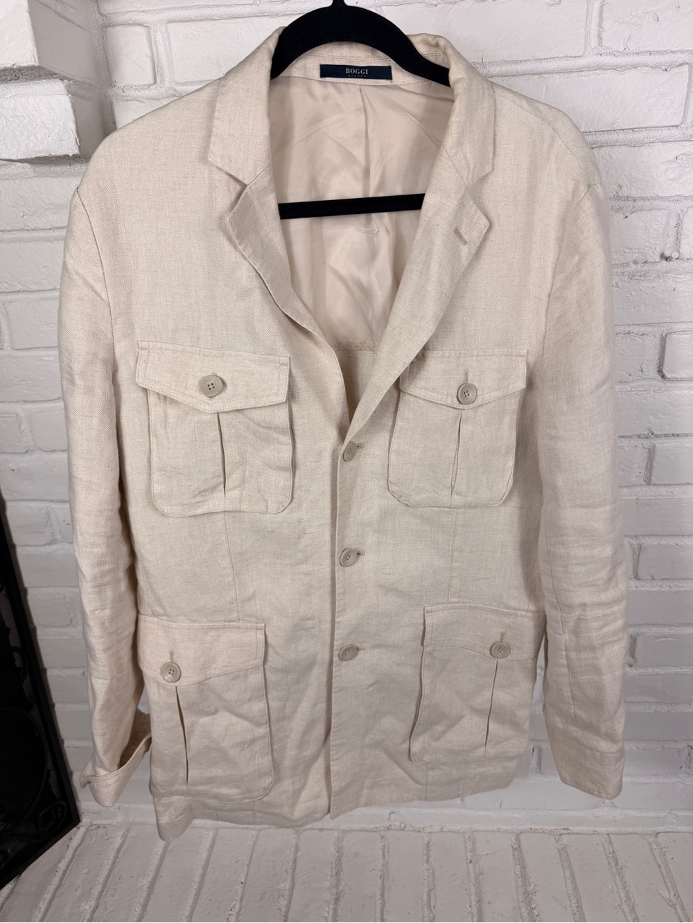 Boggi Milano Safari Field Jacket Mens Medium Ivory Linen Blend 4 Pocket Italy